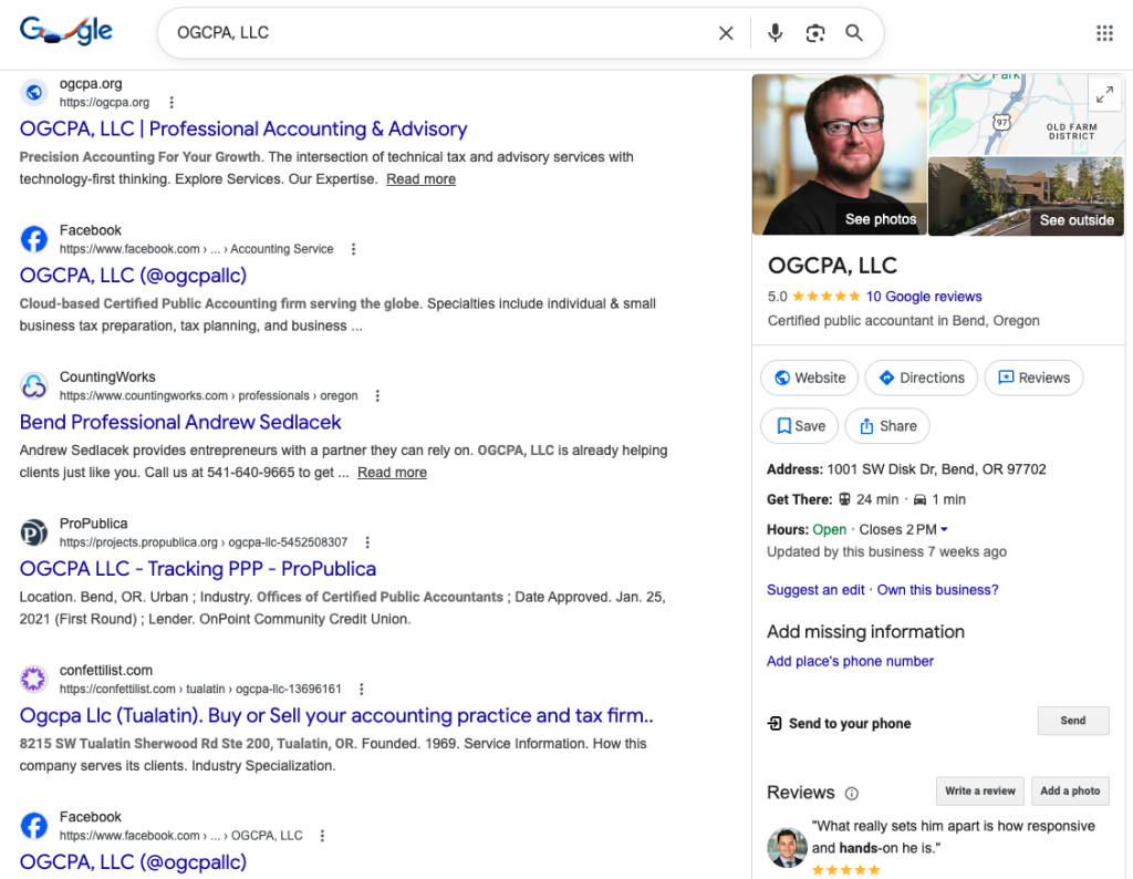 Google knowledge panel listing that appears on the right side of Google search when you search for a specific business name