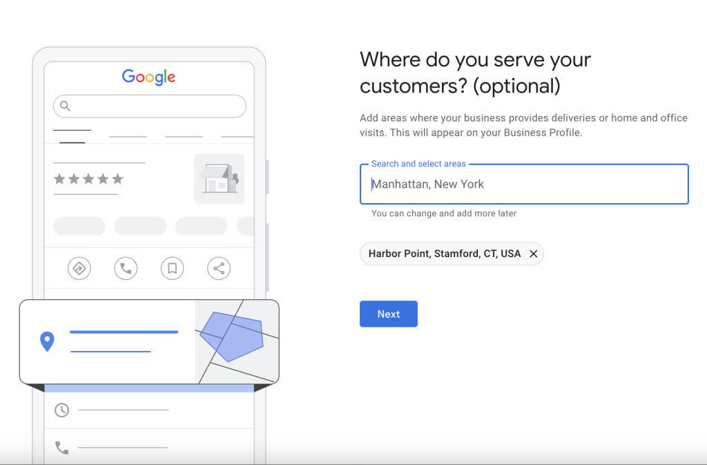 Google Business Profile setup step to enter your exact address if you select service area