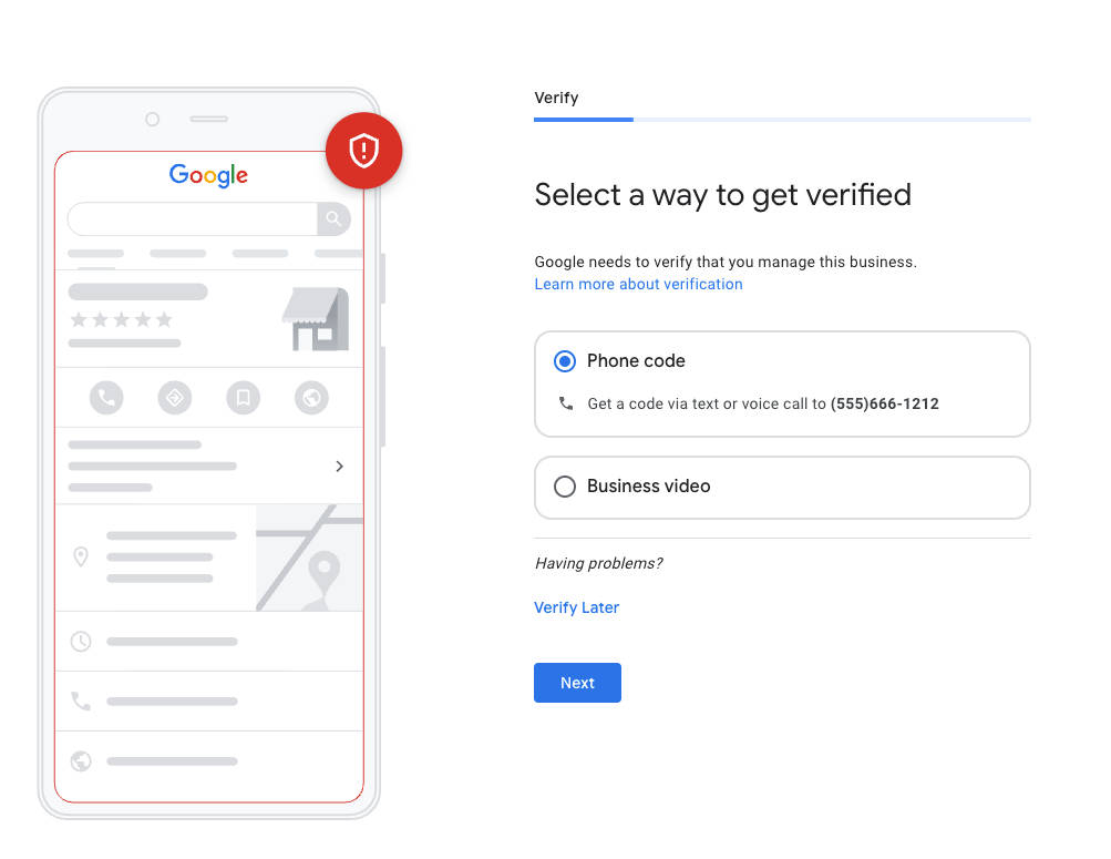 Google Business Profile setup step showing ways to verify you run a legitimate business