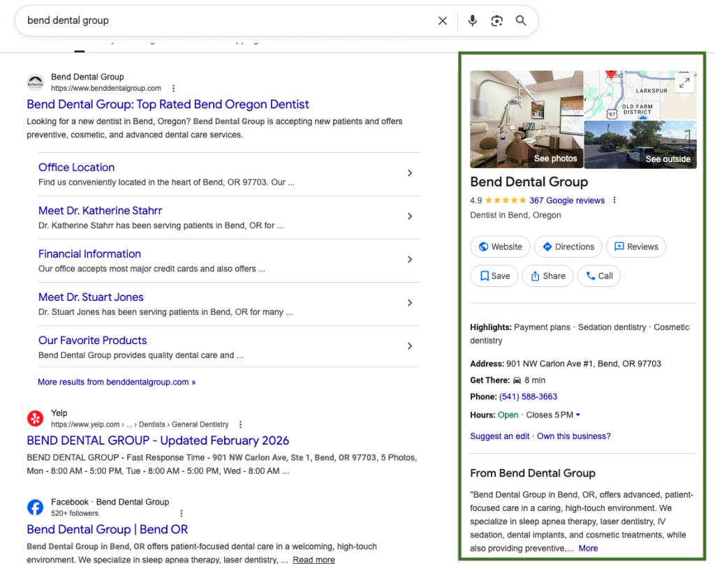 Google business profile listing for Bend Dental Group showing business name, location, contact info, and description.