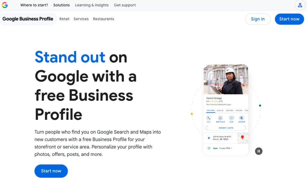 Google sign up page where businesses can create a free Google Business Profile.