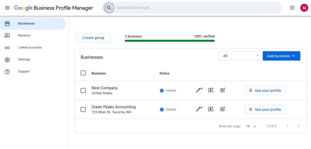 Google Business Profile manager dashboard with two verified Google Business Profiles