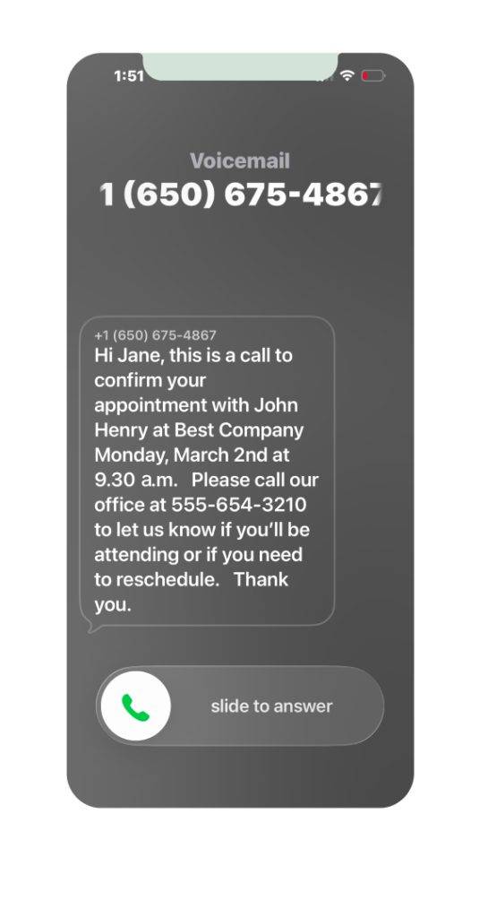 Mobile phone displaying voicemail call reminder with appointment details and callback number