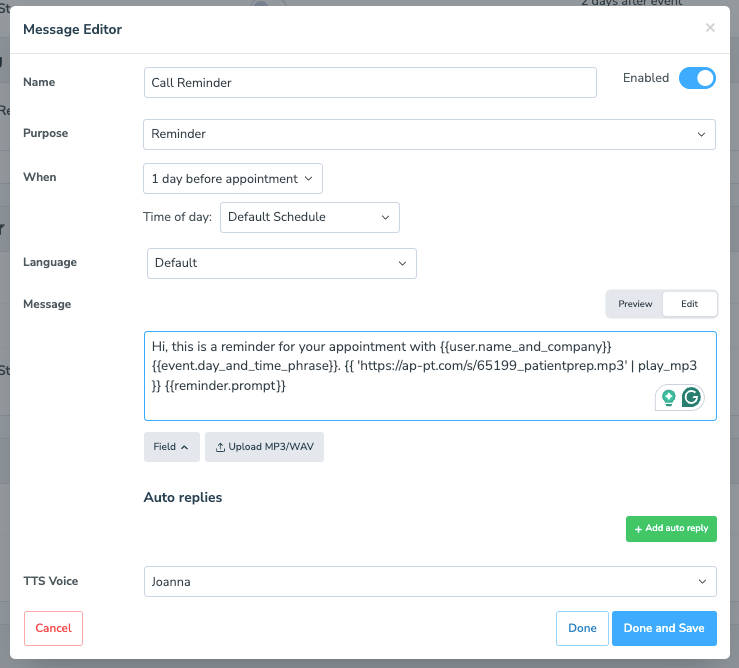 Configure an email appointment reminder and all settings in Apptoto including the reminder message
