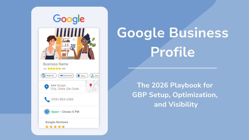 Stylized Google Business Profile showing links to website, contact information, and a review