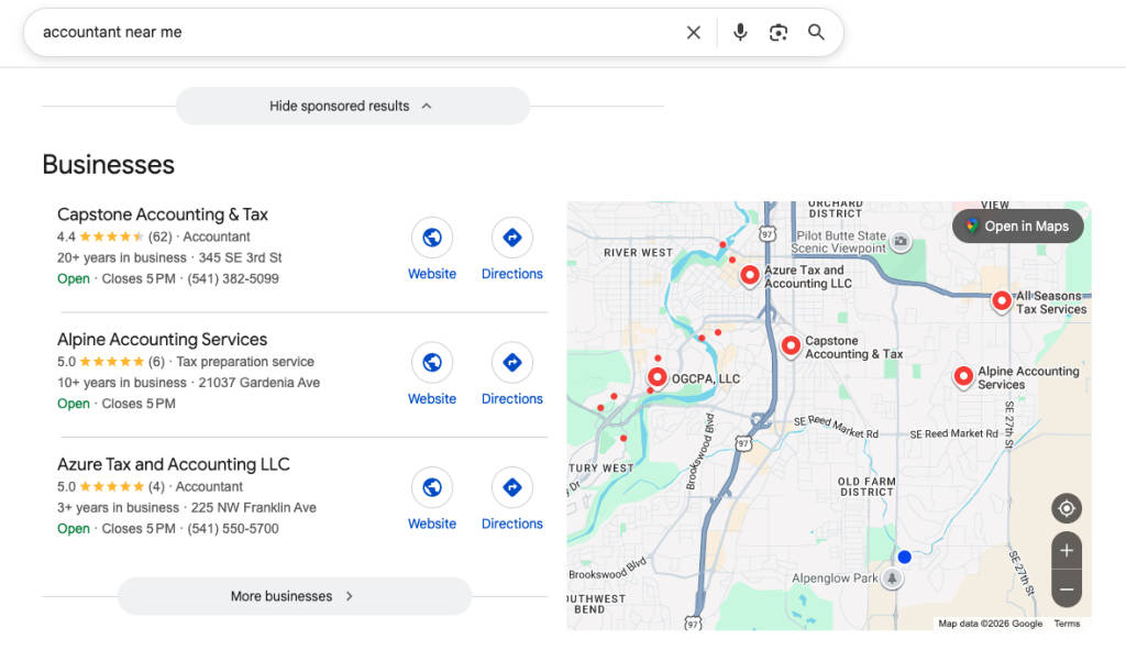 Google local pack of three business that appear when you search for accountant near me.