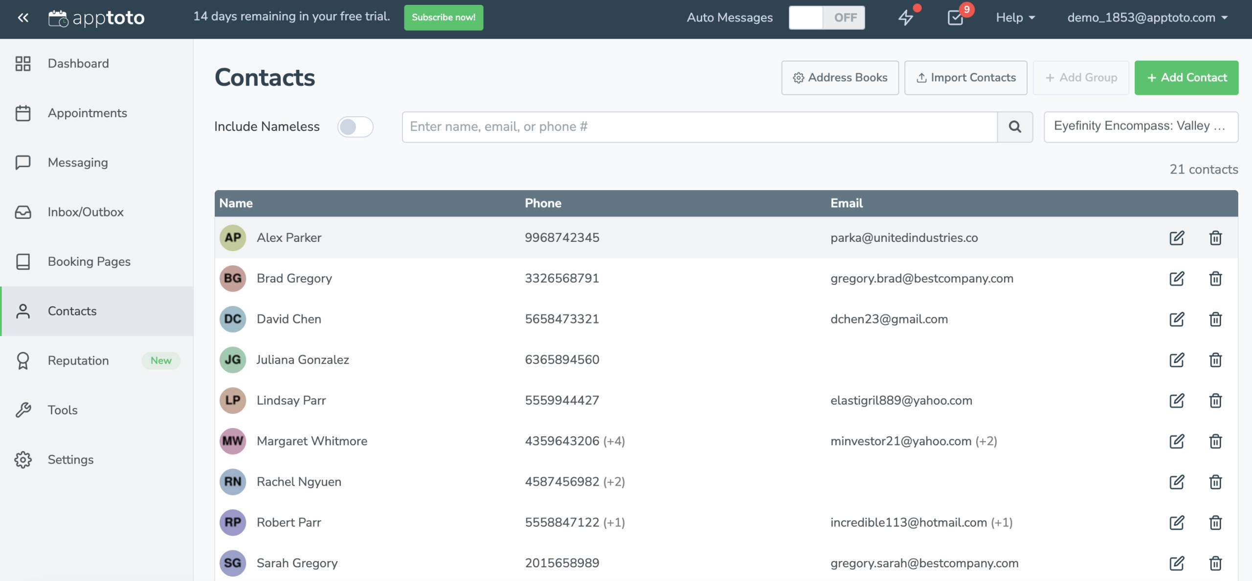 Eyefinity contacts will automatically sync into your Apptoto contacts tab