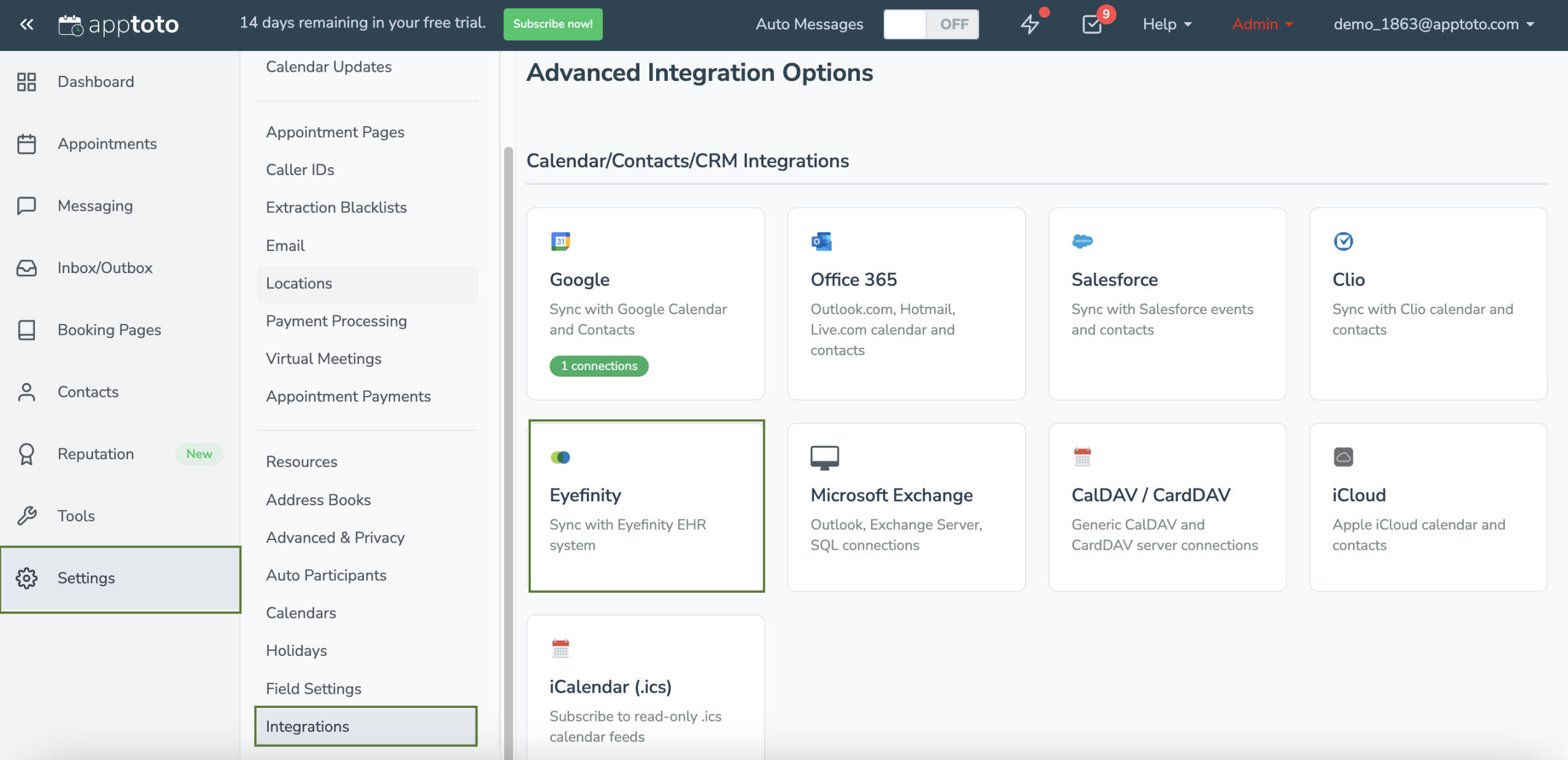 Eyefinity integration tab in the Apptoto platform