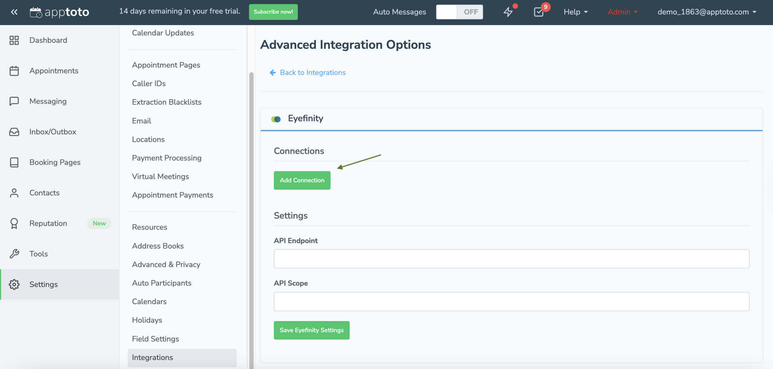 Click "Add Connection" to add your Eyefinity credentials and sync Eyefinity to Apptoto