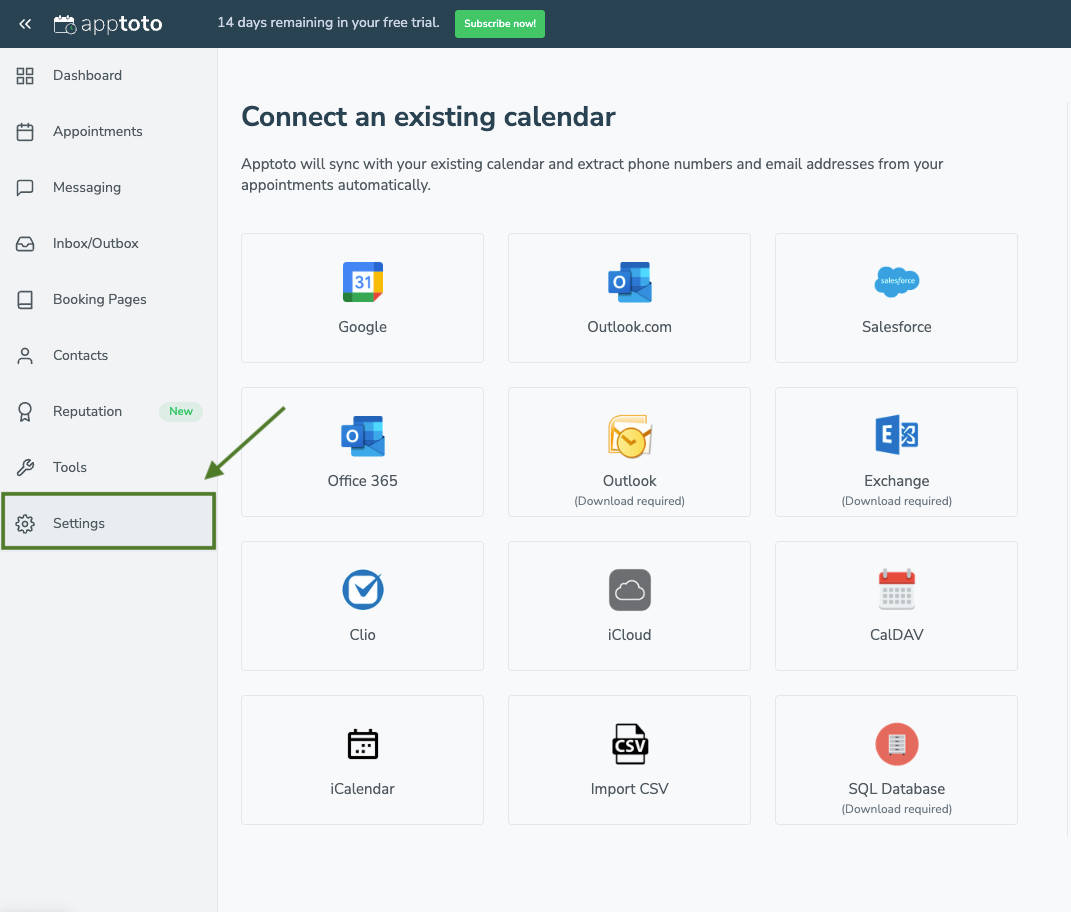 Select the Settings tab to navigate to the integrations tab and connect your Eyefinity Encompass account