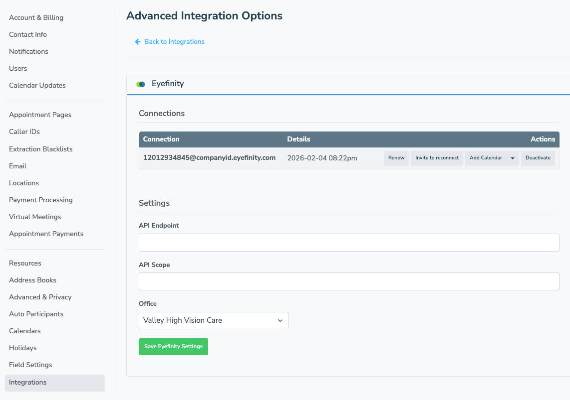 Select your office from the Office field and click "Save Eyefinity Settings" to finish your integration.