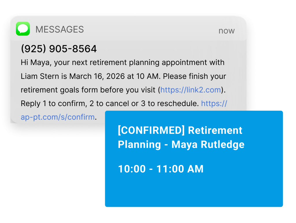 Automated Redtail appointment reminder texted to a client confirming a retirement planning meeting with their advisor