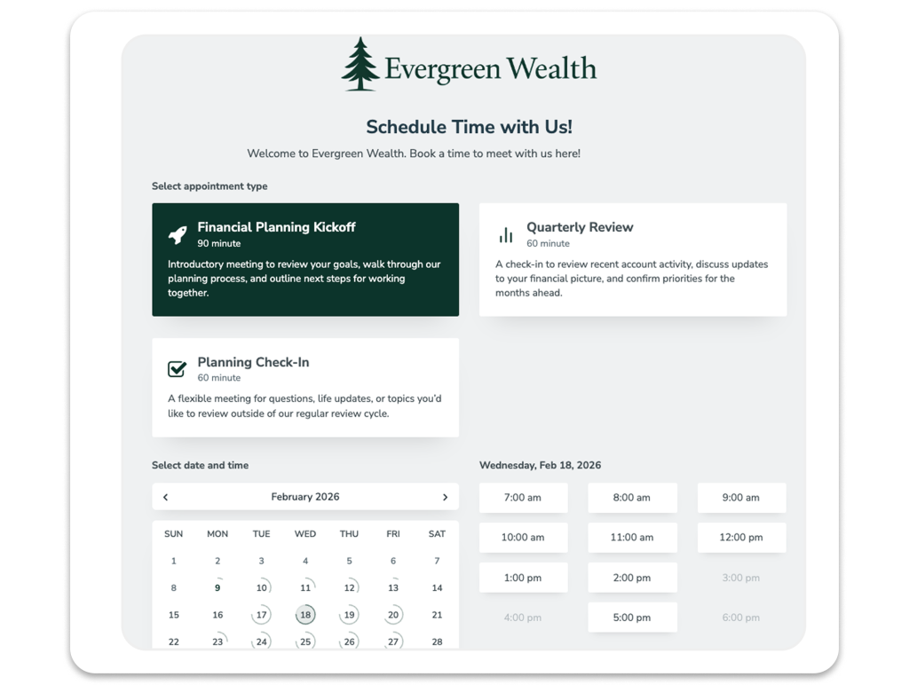 Apptoto online booking page for a financial advisory firm showing appointment types and available time slots