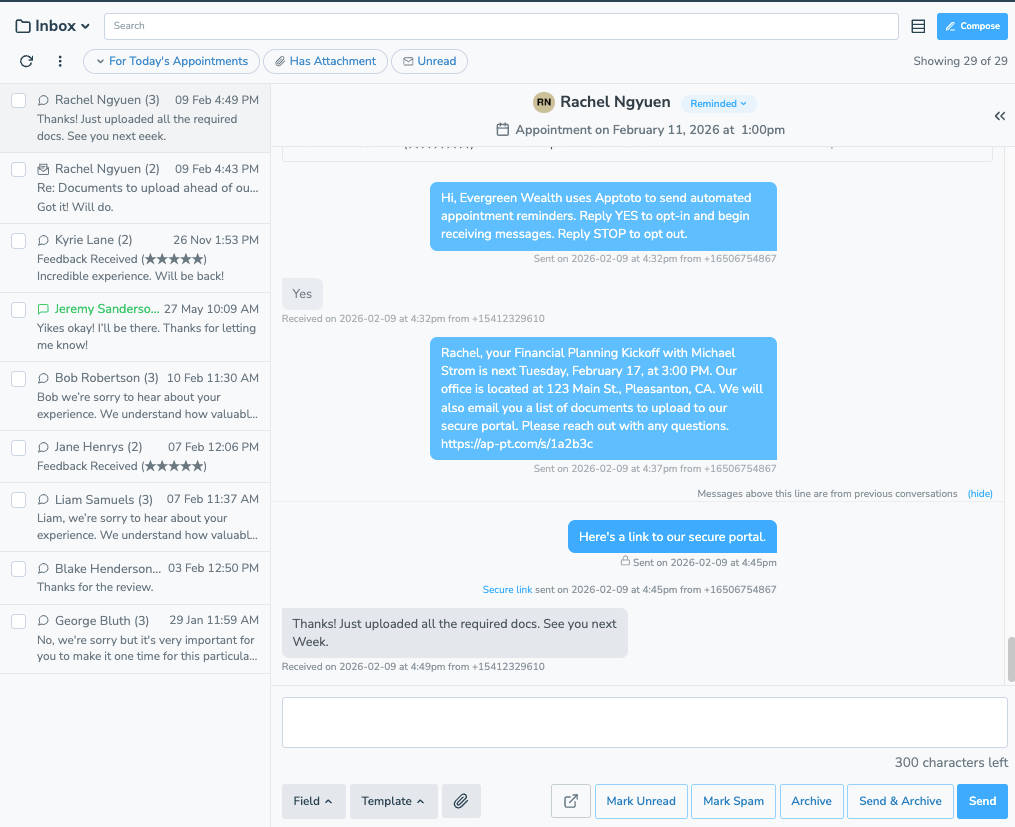 Apptoto message inbox logging client appointment reminders and opt in confirmations