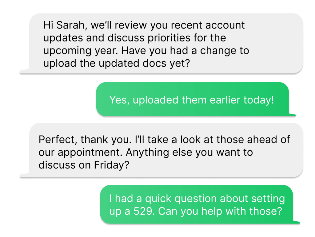 Two-way text message conversation between a financial advisor and a client preparing for an upcoming appointment