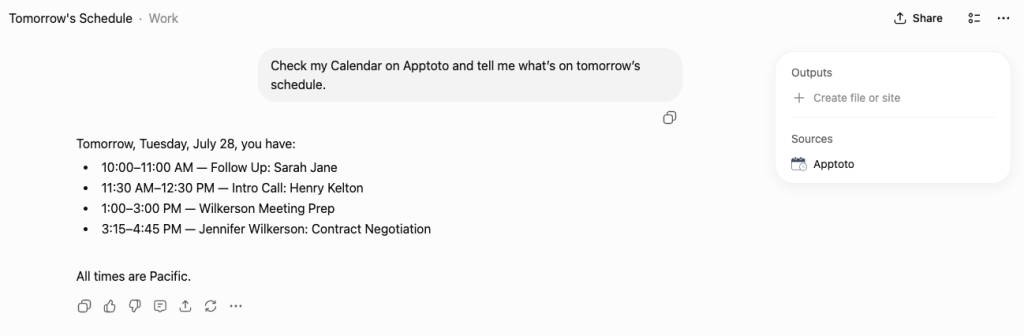 ChatGPT reading a day’s appointment schedule from the Apptoto plugin