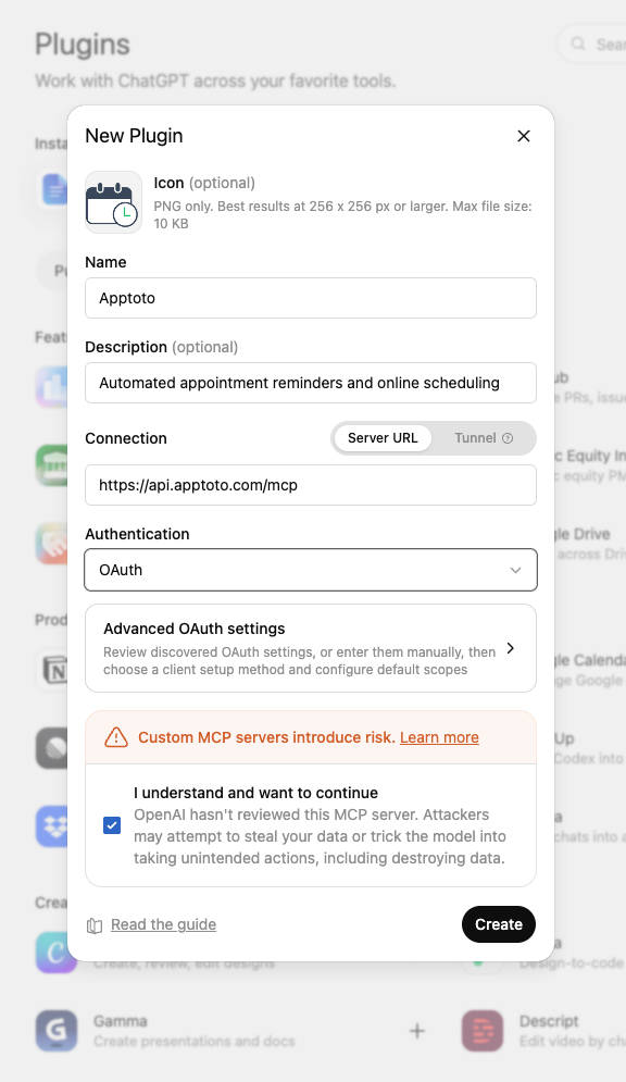 ChatGPT custom connector creation form showing the Apptoto MCP server address