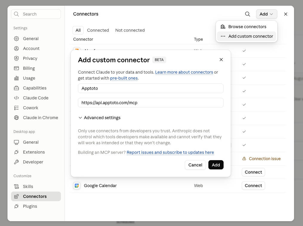 Adding the Apptoto MCP server as a custom connector in Claude