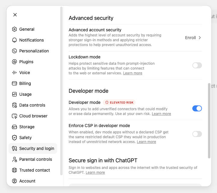Developer mode toggle in ChatGPT to enable custom MCP plugins