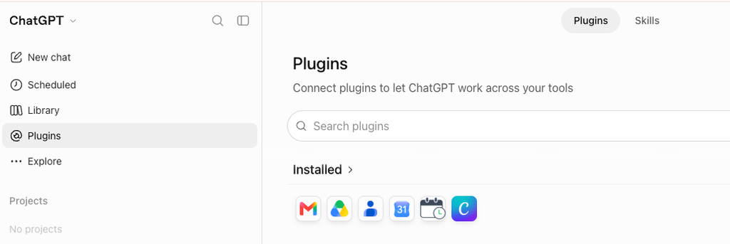 Screenshot of ChatGPT showing installed plugins