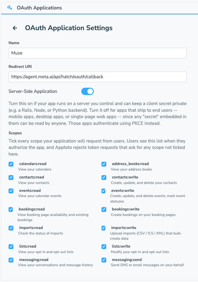 Apptoto's Register OAuth Application form with the Muse redirect URI filled in and the Server-Side Application toggle on