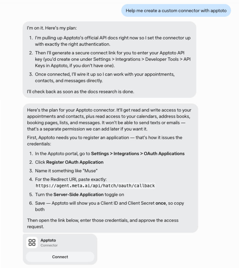 Muse chat showing the "Help me create a custom connector with Apptoto" prompt and Muse's response with the registration steps