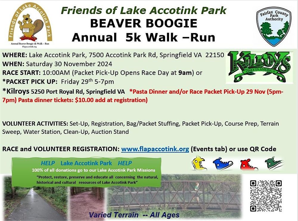 3rd Annual Lake Accotink Park Beaver Boogie 5k Run or Walk