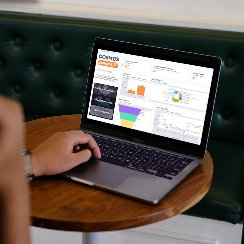 A laptop screen showing the Cosmos insights website analytics platform