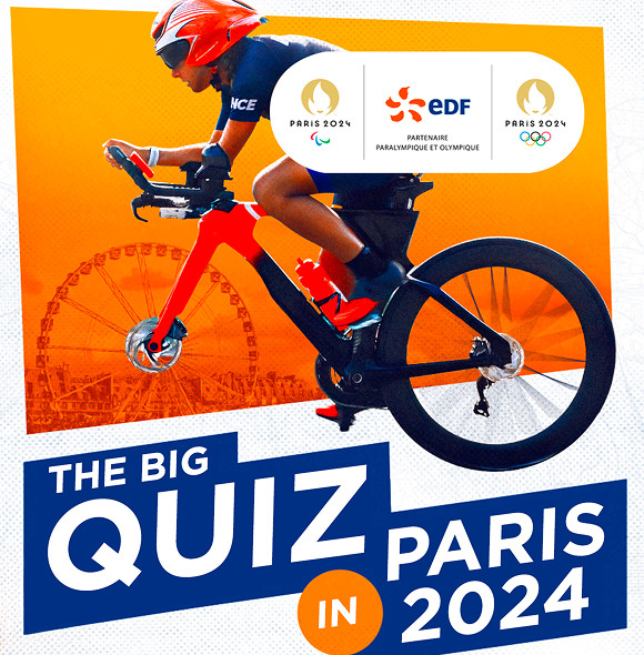 An EDF Big Quiz in Paris 2024 campaign poster