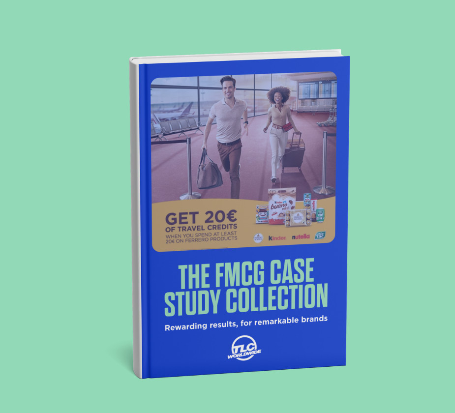 A promotional graphic featuring a book titled "The FMCG Case Study Collection" with a subtitle "Rewarding results, for remarkable brands."