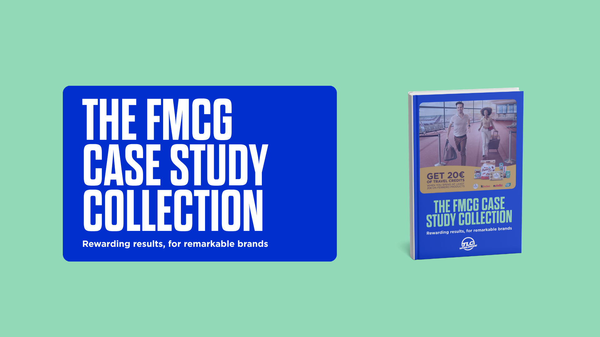 A promotional graphic featuring a book titled "The FMCG Case Study Collection" with a subtitle "Rewarding results, for remarkable brands."