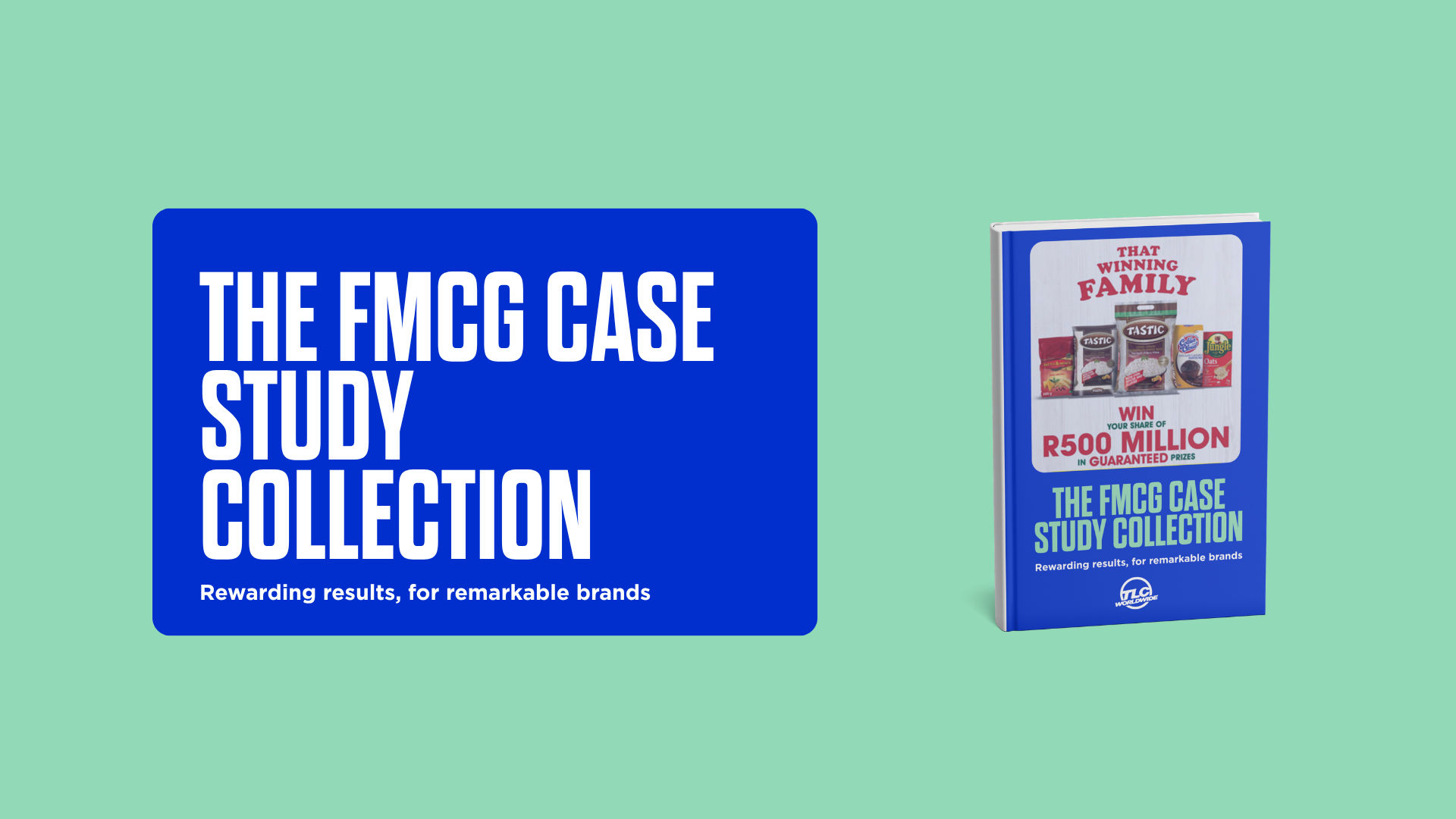 A promotional graphic featuring a book titled "The FMCG Case Study Collection" with a subtitle "Rewarding results, for remarkable brands."