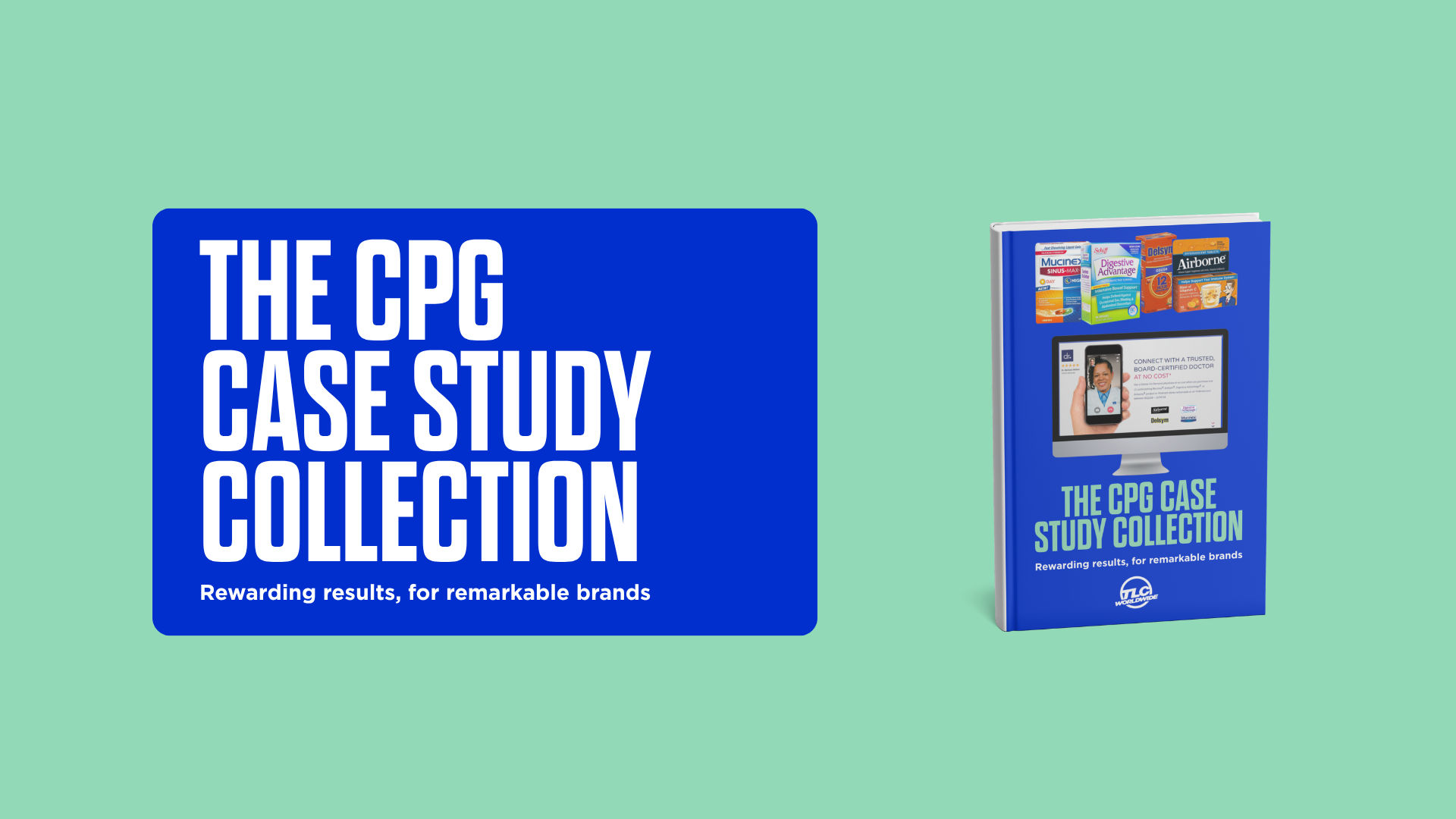 A promotional graphic featuring a book titled "The CPG Case Study Collection" with a subtitle "Rewarding results, for remarkable brands."