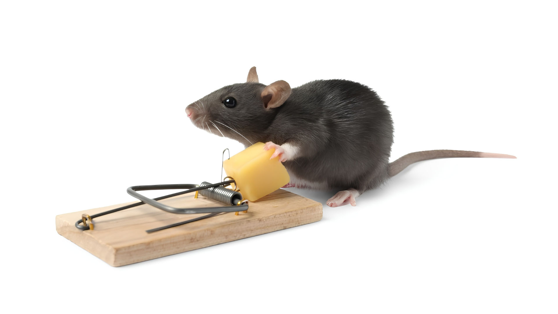 A grey mouse next to a mouse trap with cheese bait
