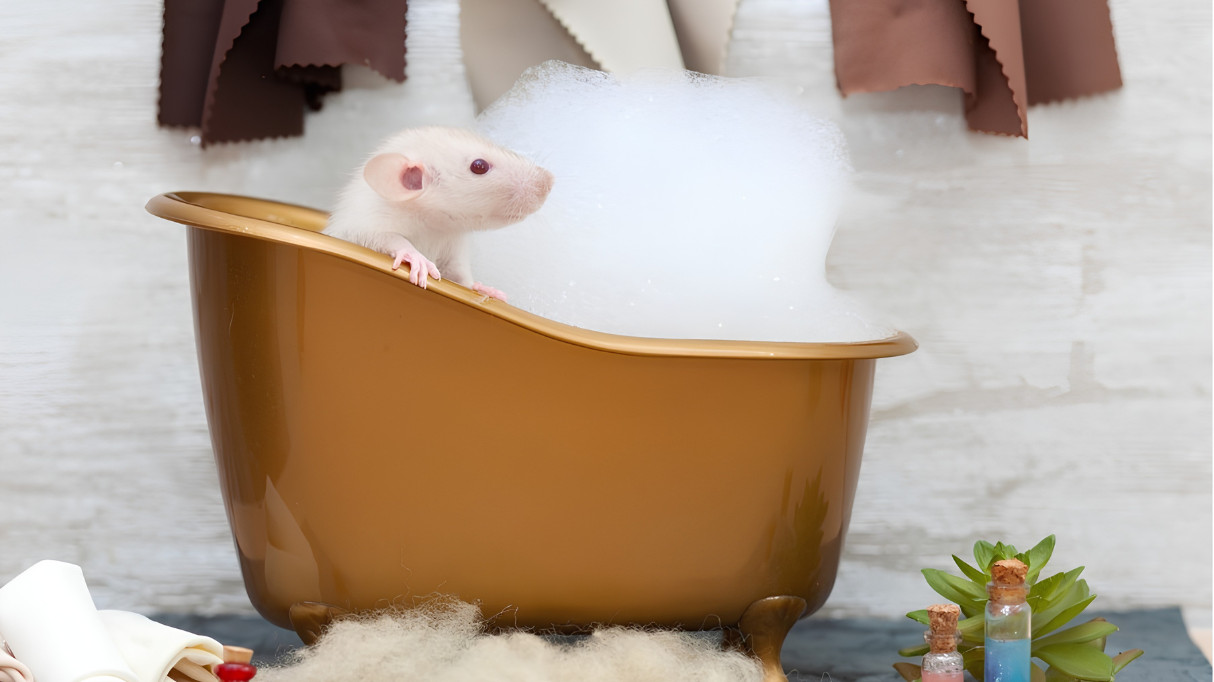 A small white animal in a bubble bath inside a gold bathtub.