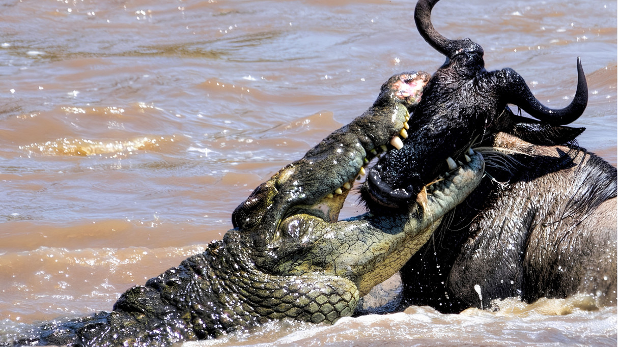 A crocodile attacking a buffalo in a river