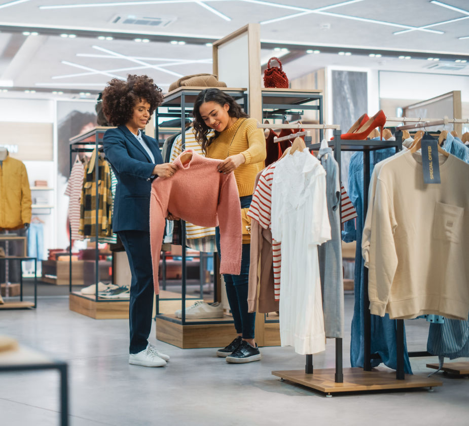 Two women shopping in a clothing store next to a clothing racks