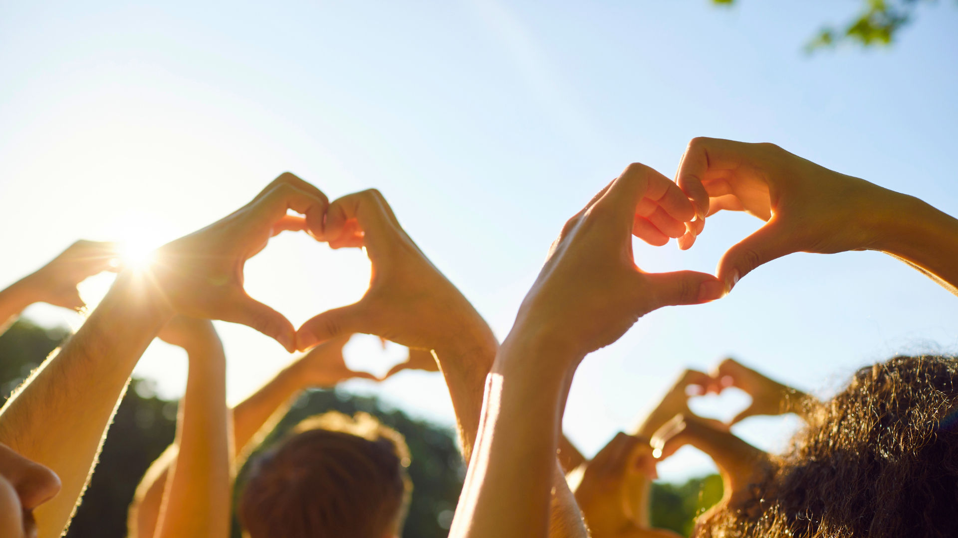 A group of people raising their hands to form heart shapes 