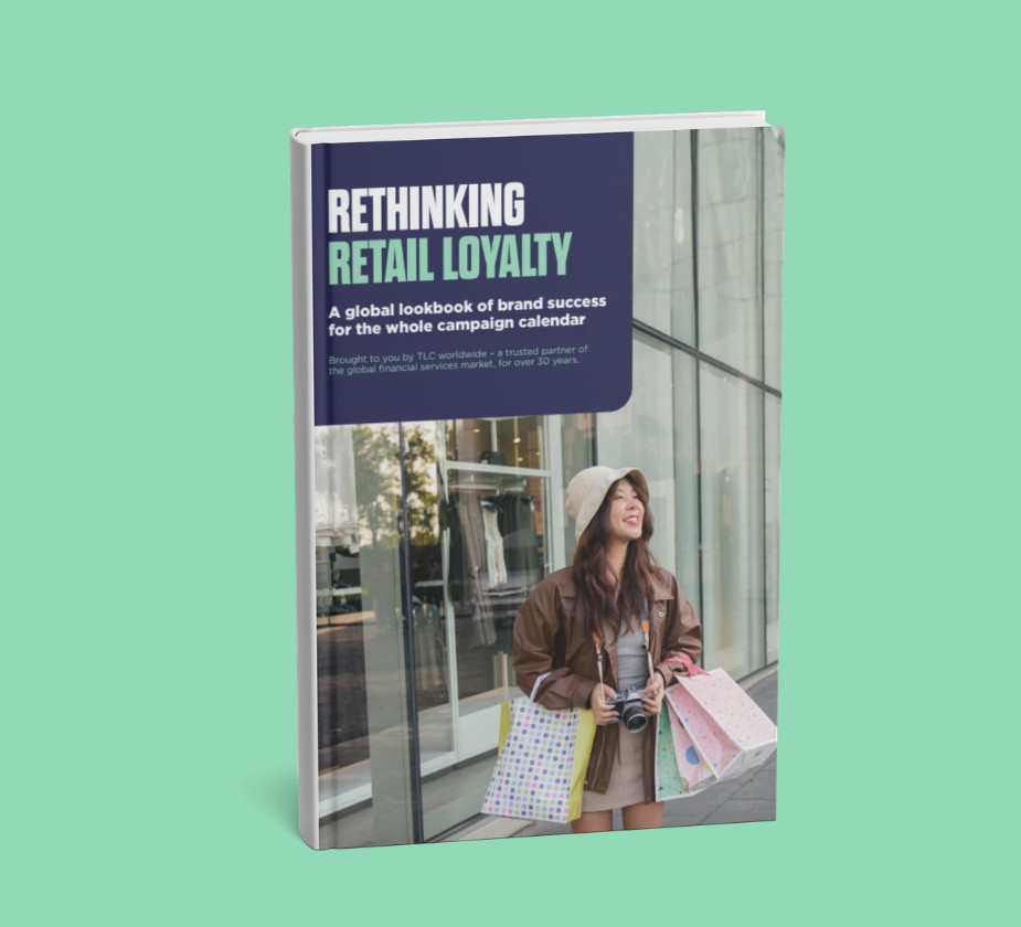 A promotional graphic featuring a book titled "Rethinking Retail Loyalty" with a subtitle "A global lookbook of brand success"