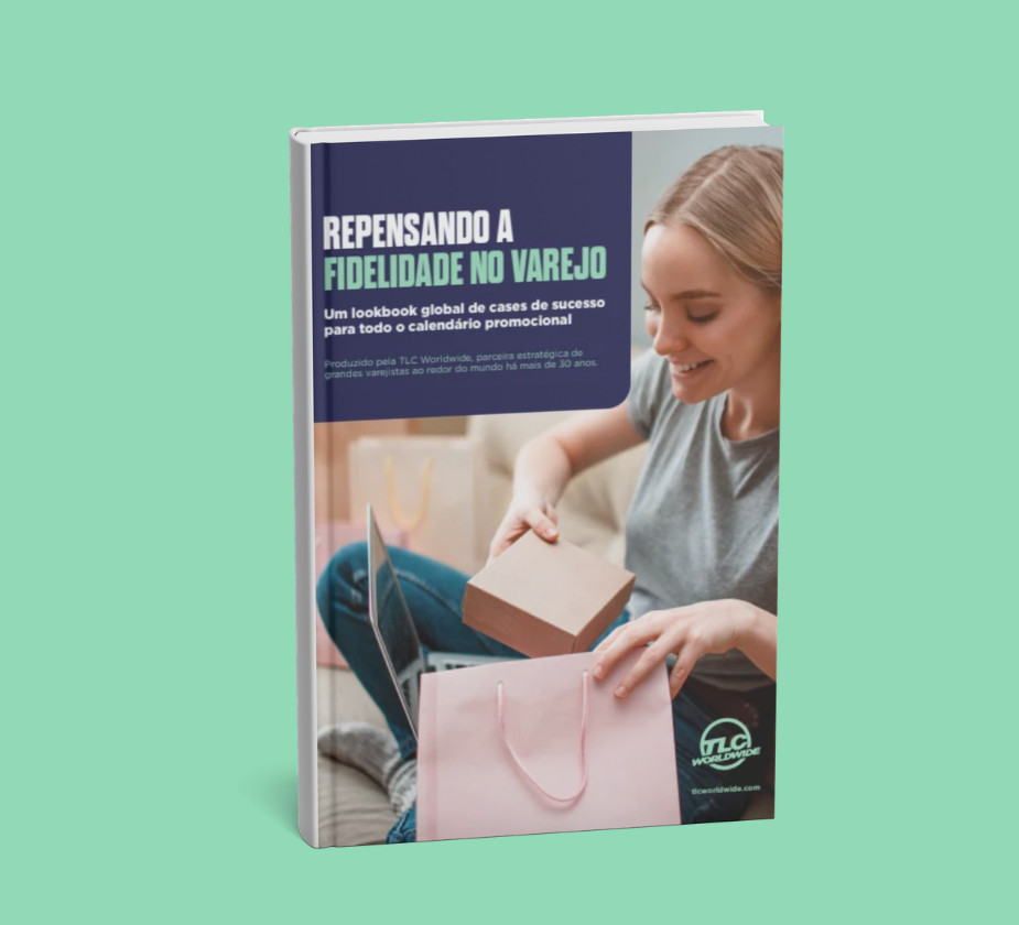 Um gráfico promocional com um livro intitulado "Repensando a Fidelidade no Varejo" com o subtítulo "Um lookbook global de cases de sucesso".