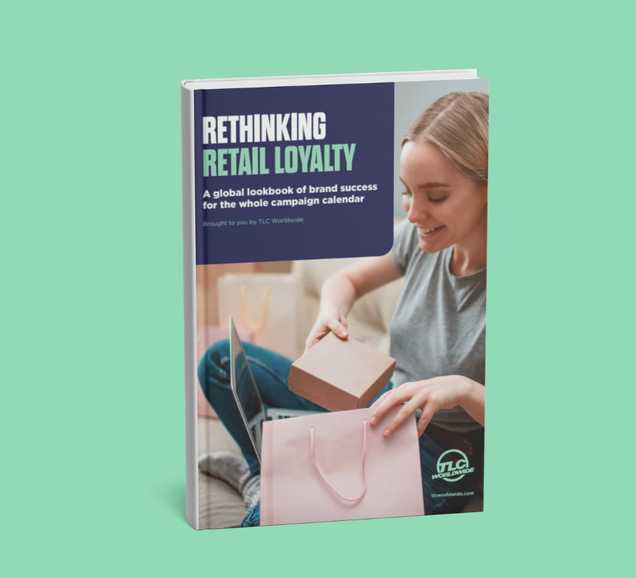 A promotional graphic featuring a book titled "Rethinking Retail Loyalty" with a subtitle "A global lookbook of brand success"