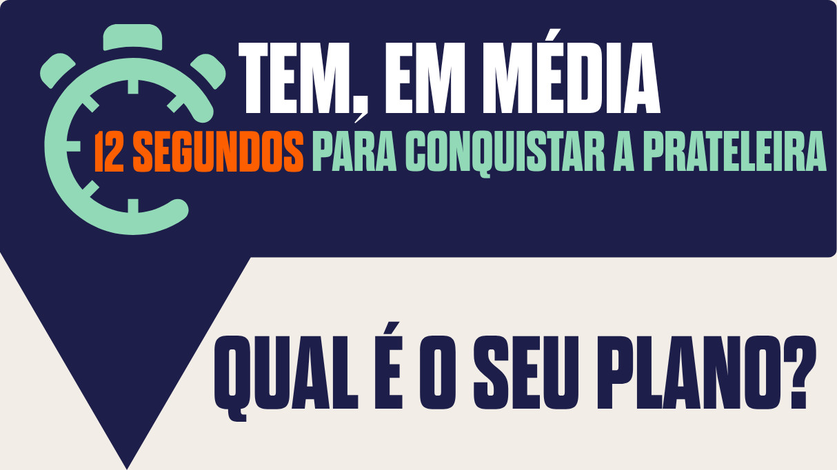 Gráfico com a frase: “Tem, em média, 12 segundos para conquistar a prateleira. Qual é o seu plano?”