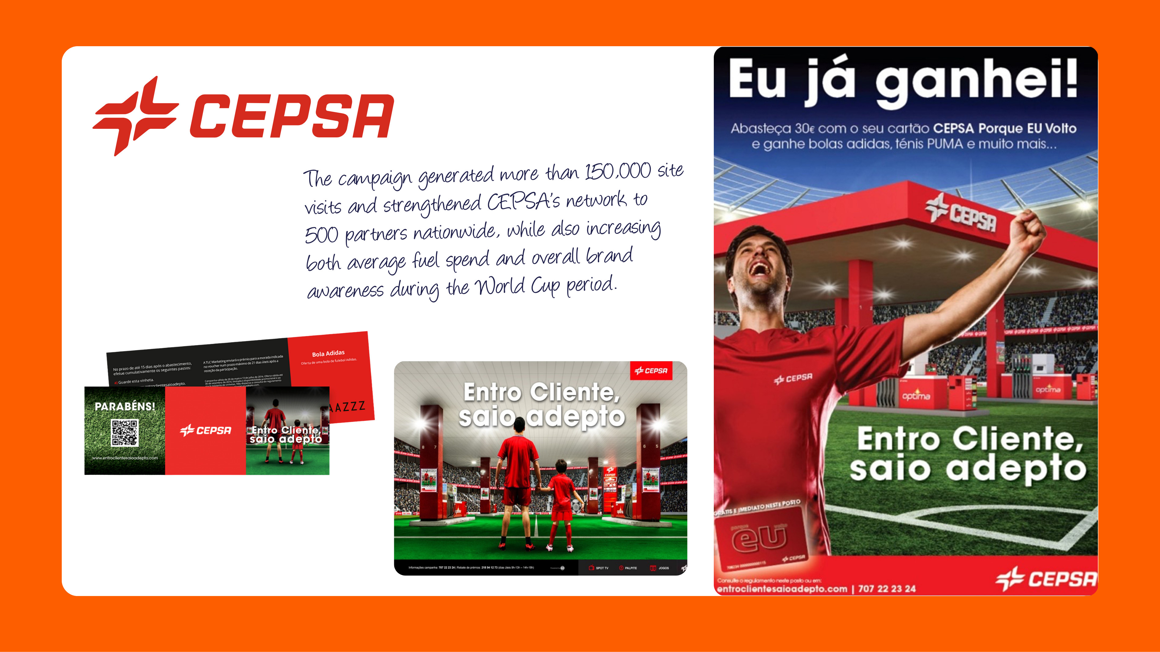 CEPSA promotional campaign collage and World Cup imagery featuring a cheering man in a stadium