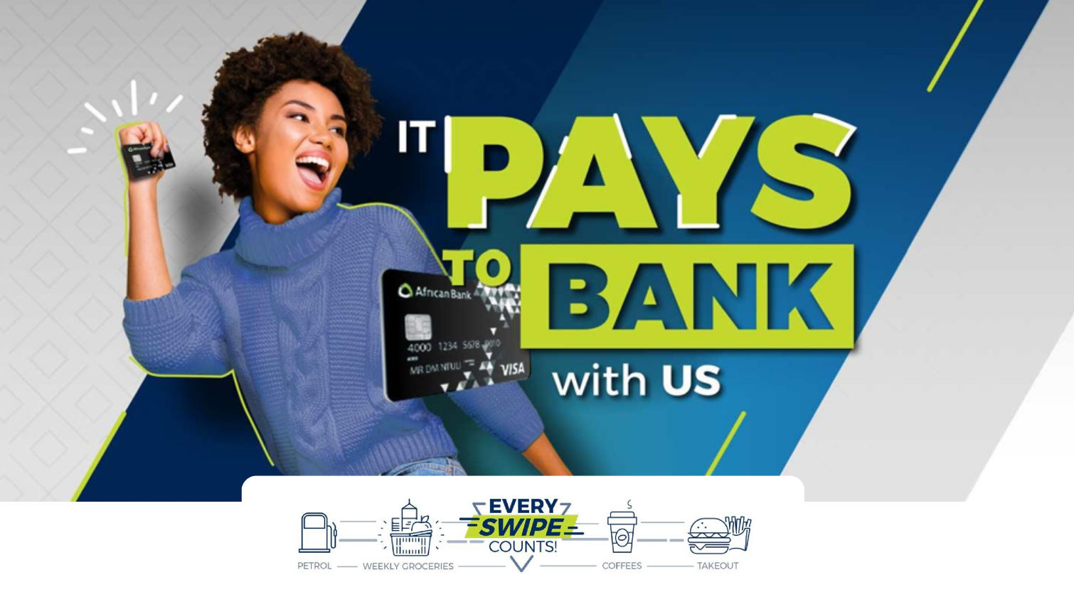 A cheerful young woman with curly hair holds a credit card, celebrating, with text “EVERY SWIPE COUNTS?” and icons of coffee, groceries, and cash.