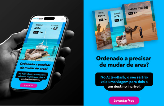ActivoBank promotional graphic displaying a travel promotion for Ibiza, featuring a beach and text in Portuguese with logo