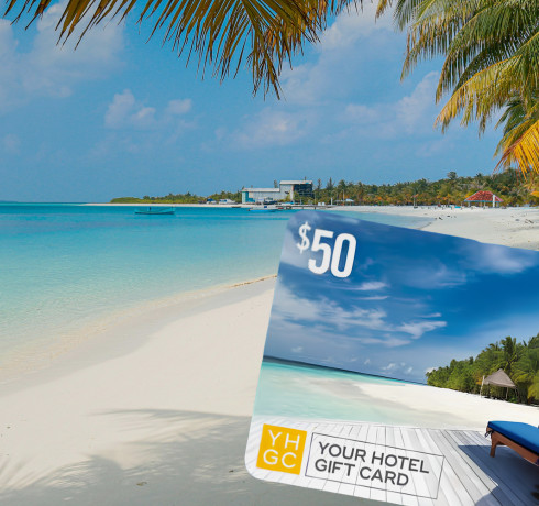 Auntie Anne's logo next to a $50 hotel gift card on a beach background.