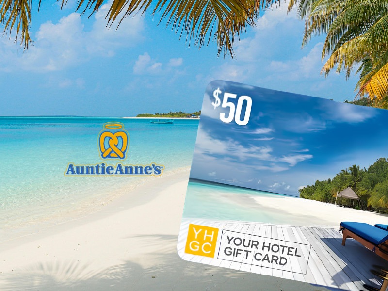 Auntie Anne's logo next to a $50 hotel gift card on a beach background.