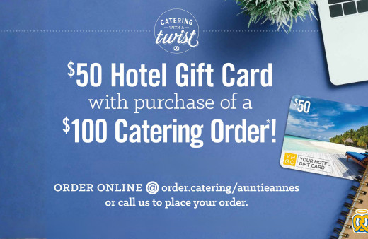 Graphic on $50 Hotel Gift Card with purchase of a $100 Catering Order!