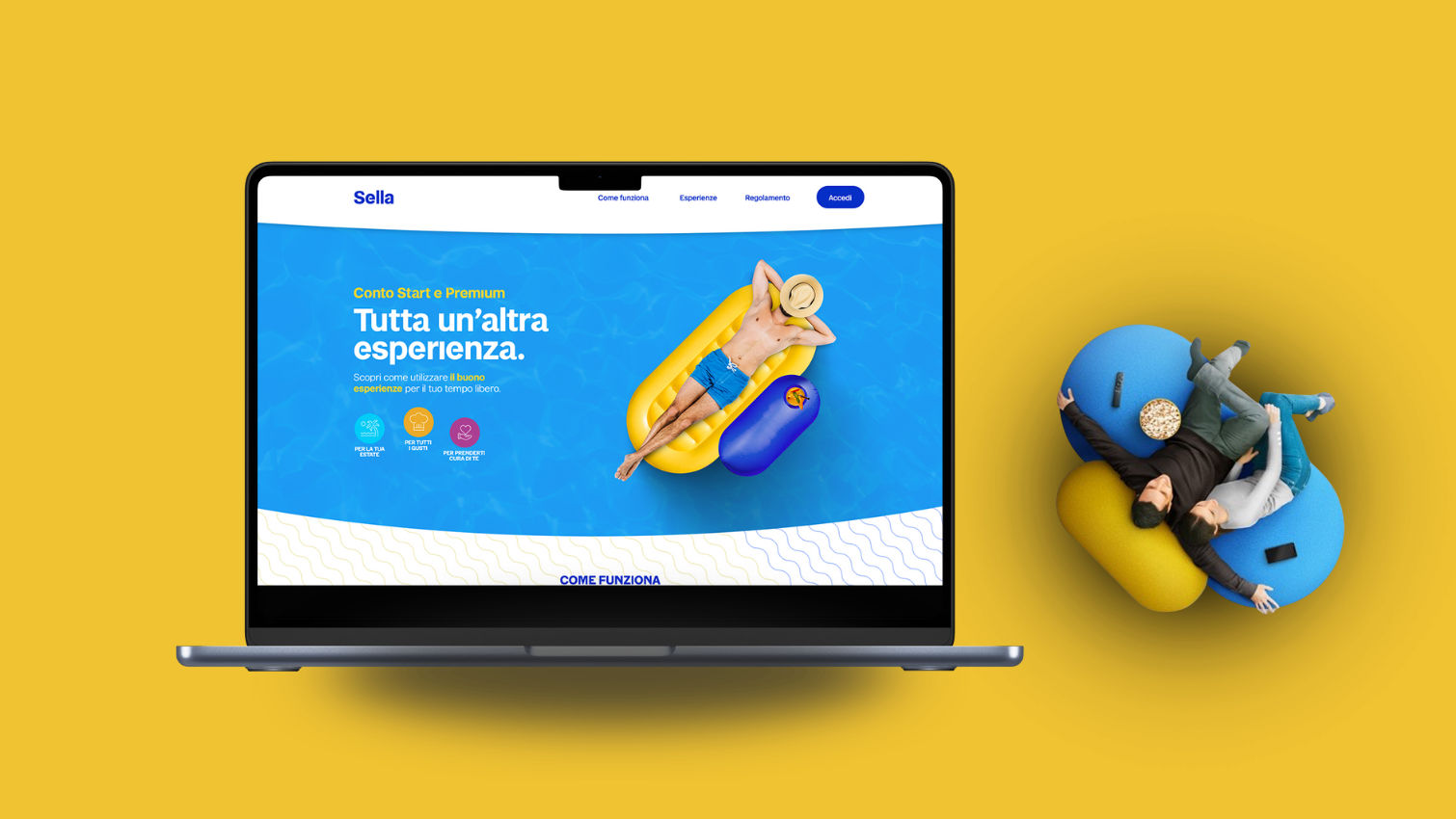 A laptop displays the Sella website with an illustration of a person lounging on a yellow inflatable pool float.