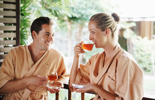 A couple enjoying tea at a spa break
